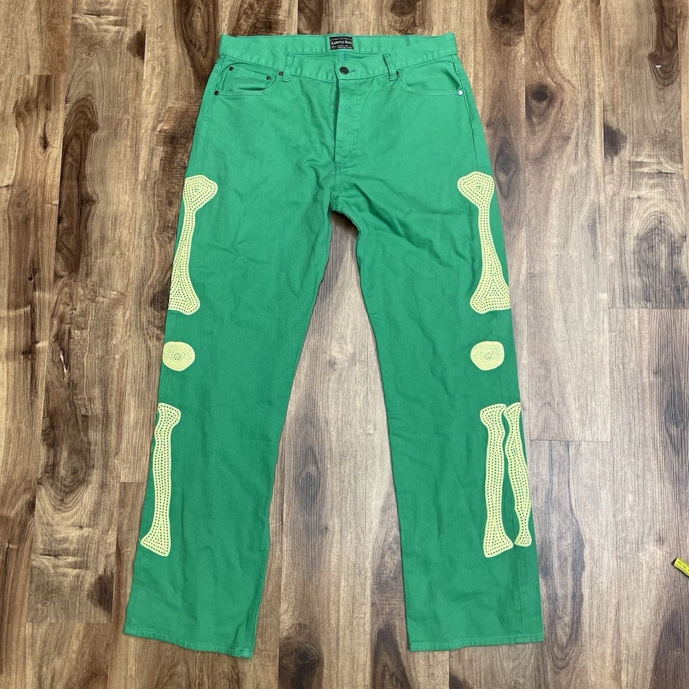 KAPITAL MAN Green Chino Pants Japanese Bone Embroidery Skeleton Bones Size 4/XL